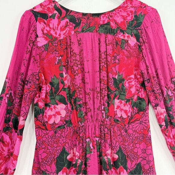 Free People Mikayla Red Pink Floral Hook Closure Blouse  in Scarlett Combo - Picture 12 of 16